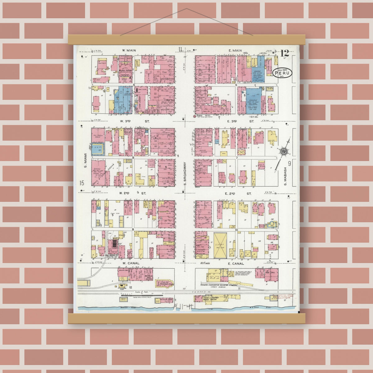 Old map wall art mockup — magnetic wood frame on brick wall — Sanborn Fire Insurance Map from Peru, Miami County, Indiana (1920), Sheet #0012