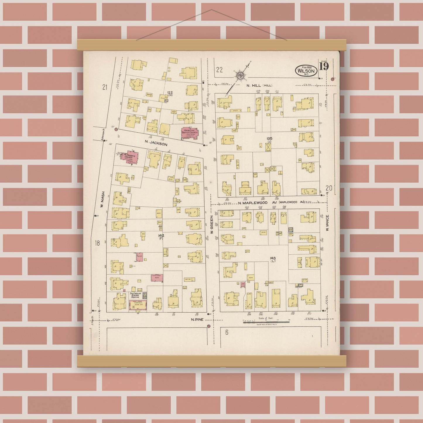 Old map wall art mockup — magnetic wood frame on brick wall — Sanborn Fire Insurance Map from Wilson, Wilson County, North Carolina (1922), Sheet #0019
