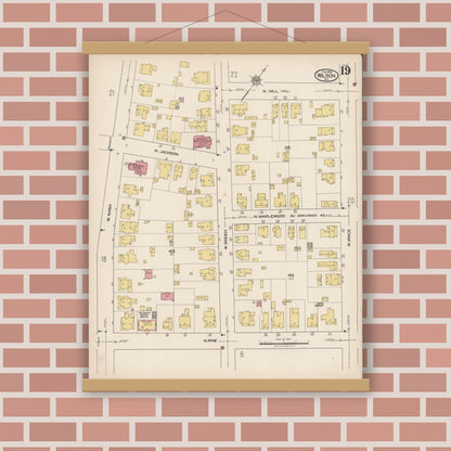 Old map wall art mockup — magnetic wood frame on brick wall — Sanborn Fire Insurance Map from Wilson, Wilson County, North Carolina (1922), Sheet #0019