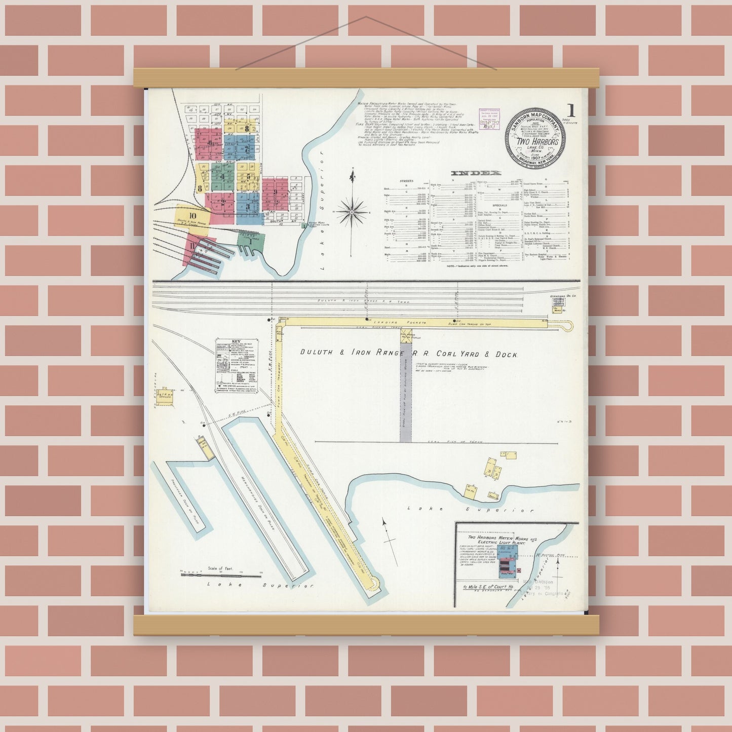 Old map wall art mockup — magnetic wood frame on brick wall — Sanborn Fire Insurance Map from Two Harbors, Lake County, Minnesota (1907) - Complete Map Set