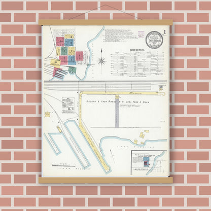 Old map wall art mockup — magnetic wood frame on brick wall — Sanborn Fire Insurance Map from Two Harbors, Lake County, Minnesota (1907) - Complete Map Set