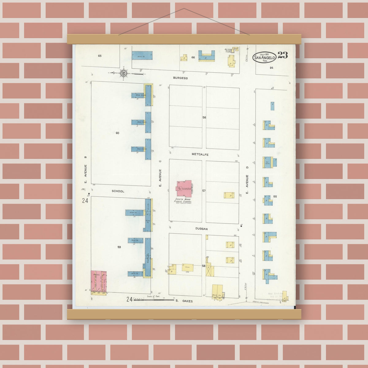 Old map wall art mockup — magnetic wood frame on brick wall — Sanborn Fire Insurance Map from San Angelo, Tom Green County, Texas (1913), Sheet #0023