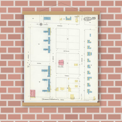 Old map wall art mockup — magnetic wood frame on brick wall — Sanborn Fire Insurance Map from San Angelo, Tom Green County, Texas (1913), Sheet #0023