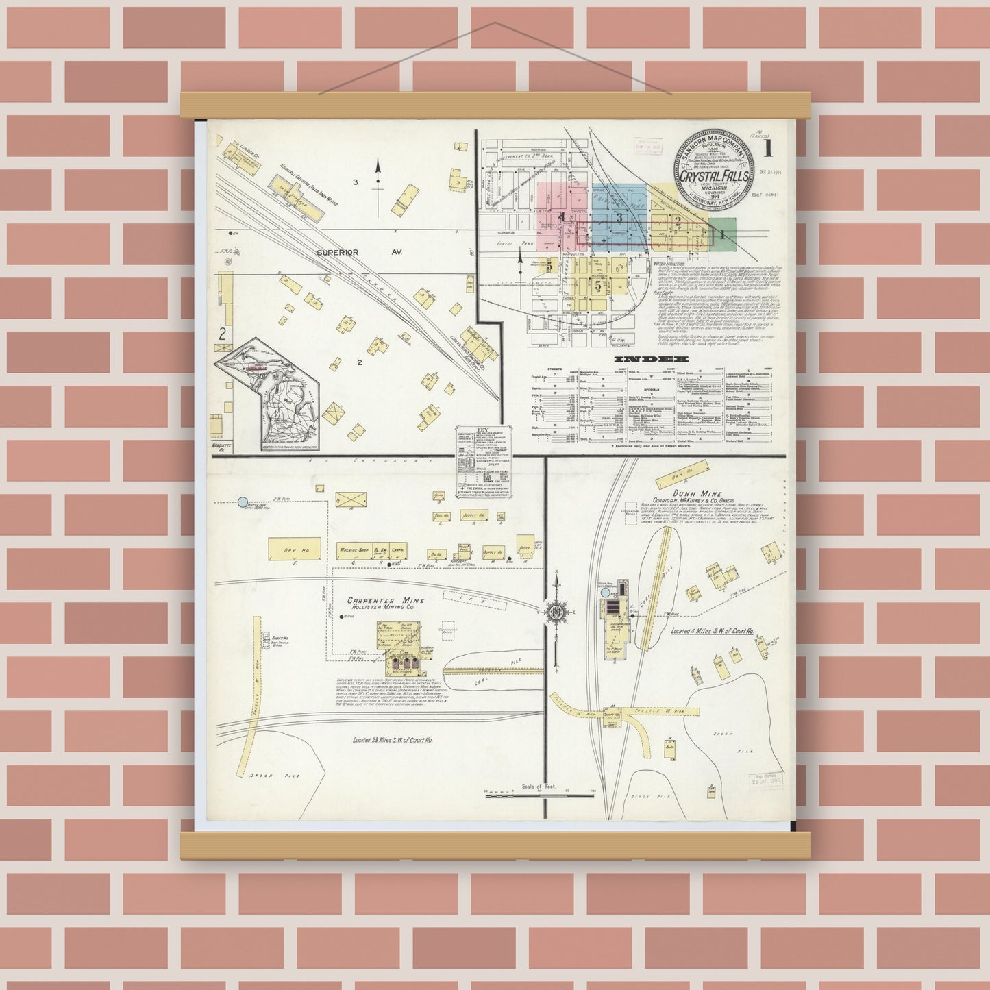 Old map wall art mockup — magnetic wood frame on brick wall — Sanborn Fire Insurance Map from Crystal Falls, Iron County, Michigan (1914), Sheet #0001