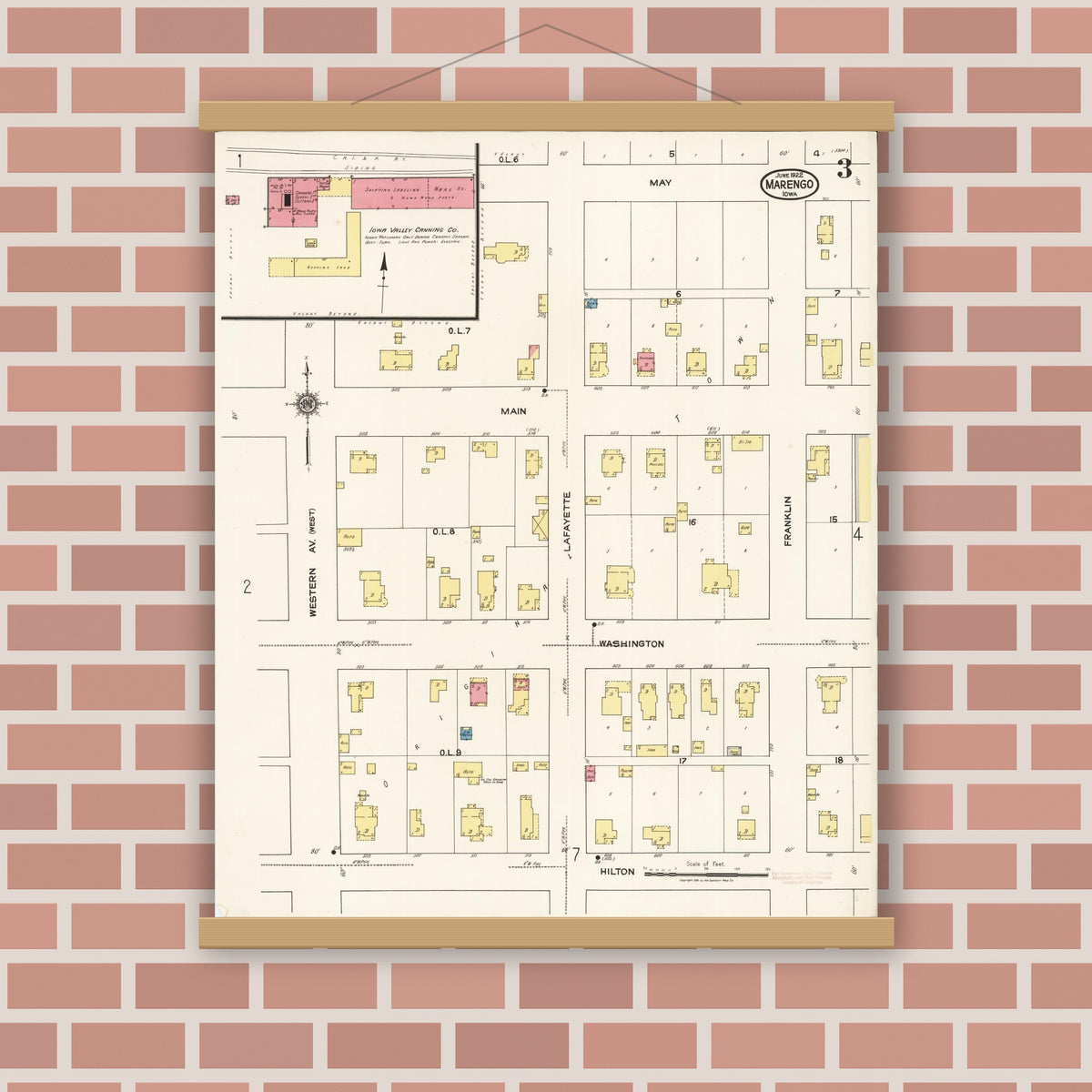Old map wall art mockup — magnetic wood frame on brick wall — Sanborn Fire Insurance Map from Marengo, Iowa County, Iowa (1922), Sheet #0003