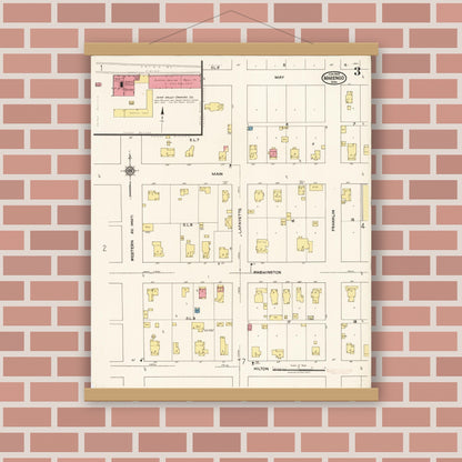 Old map wall art mockup — magnetic wood frame on brick wall — Sanborn Fire Insurance Map from Marengo, Iowa County, Iowa (1922), Sheet #0003