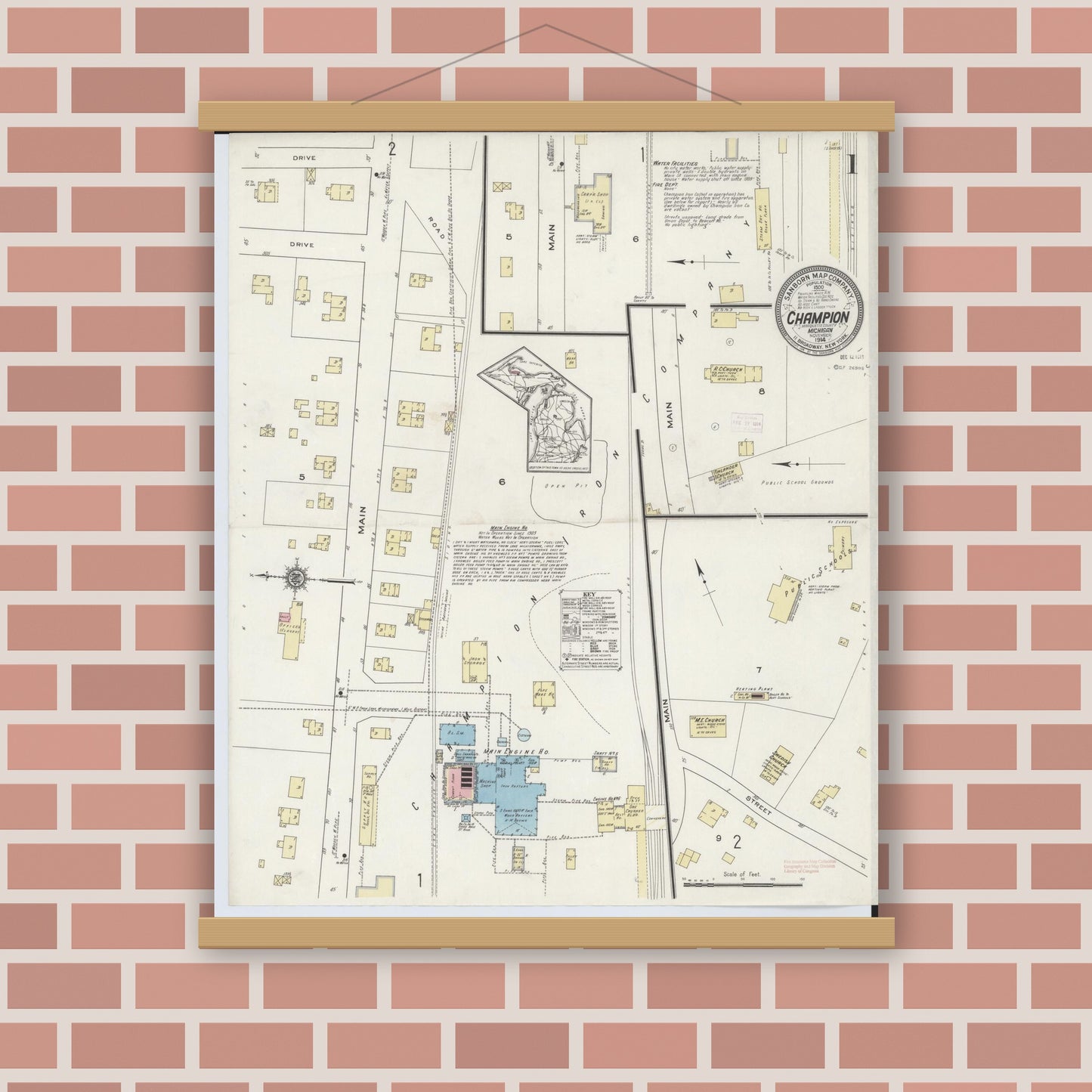 Old map wall art mockup — magnetic wood frame on brick wall — Sanborn Fire Insurance Map from Champion, Marquette County, Michigan (1914), Sheet #0001