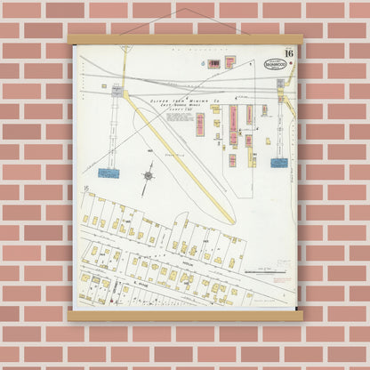 Old map wall art mockup — magnetic wood frame on brick wall — Sanborn Fire Insurance Map from Ironwood, Gogebic County, Michigan (1921), Sheet #0016
