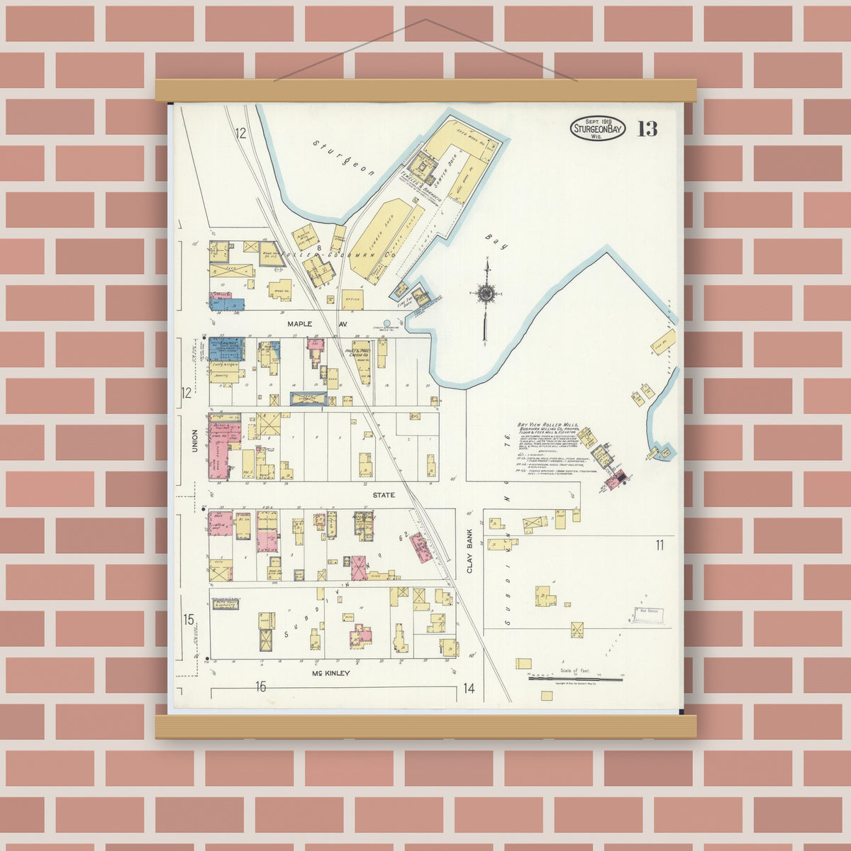 Old map wall art mockup — magnetic wood frame on brick wall — Sanborn Fire Insurance Map from Sturgeon Bay, Door County, Wisconsin (1919), Sheet #0013