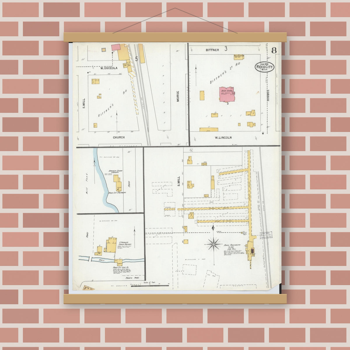 Old map wall art mockup — magnetic wood frame on brick wall — Sanborn Fire Insurance Map from Reed City, Osceola County, Michigan (1900), Sheet #0008