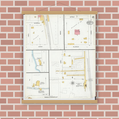 Old map wall art mockup — magnetic wood frame on brick wall — Sanborn Fire Insurance Map from Reed City, Osceola County, Michigan (1900), Sheet #0008