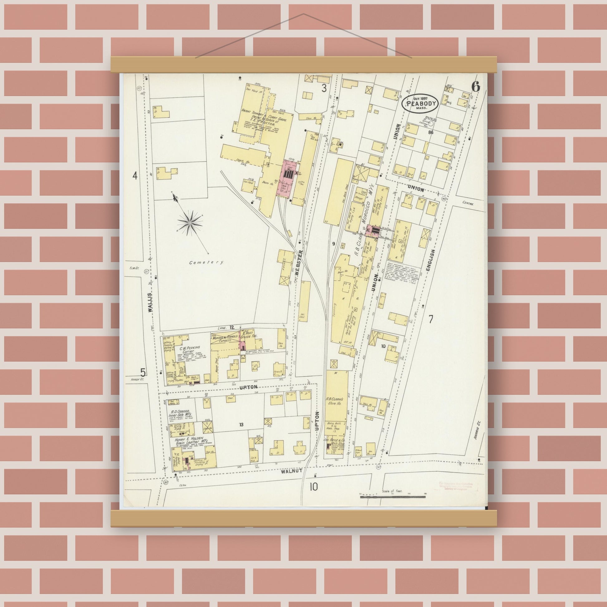 Old map wall art mockup — magnetic wood frame on brick wall — Sanborn Fire Insurance Map from Peabody, Essex County, Massachusetts (1897), Sheet #0006