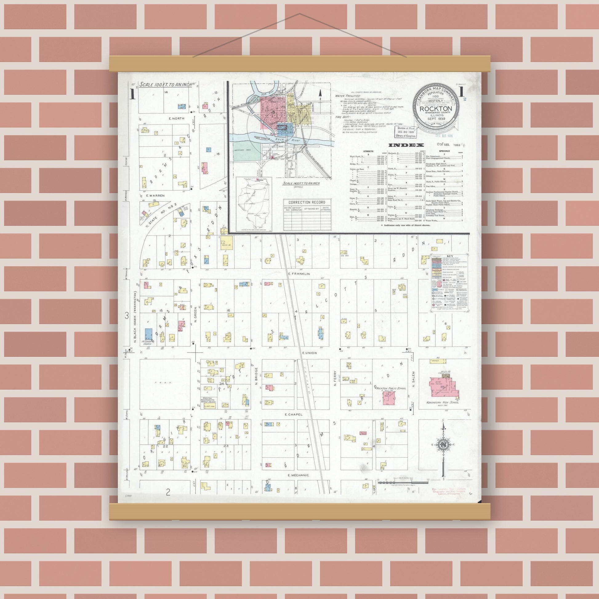Old map wall art mockup — magnetic wood frame on brick wall — Sanborn Fire Insurance Map from Rockton, Winnebago County, Illinois (1939) - Complete Map Set