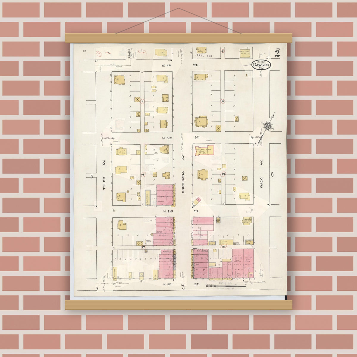 Old map wall art mockup — magnetic wood frame on brick wall — Sanborn Fire Insurance Map from Dawson, Navarro County, Texas (1943), Sheet #0002