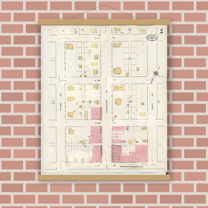 Old map wall art mockup — magnetic wood frame on brick wall — Sanborn Fire Insurance Map from Dawson, Navarro County, Texas (1943), Sheet #0002