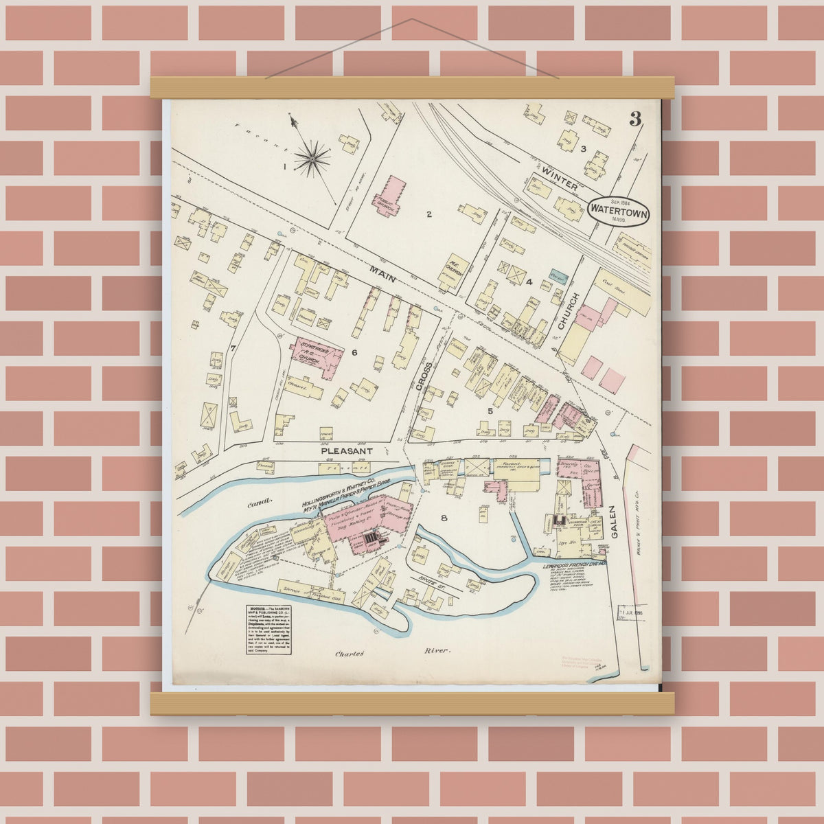 Old map wall art mockup — magnetic wood frame on brick wall — Sanborn Fire Insurance Map from Watertown, Middlesex County, Massachusetts (1884), Sheet #0003