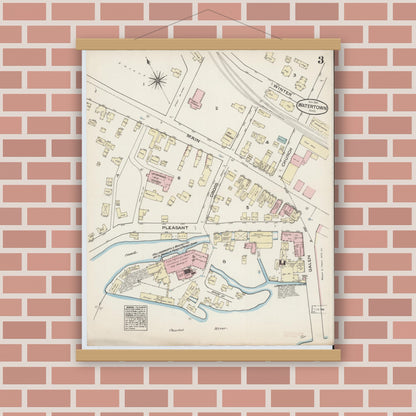 Old map wall art mockup — magnetic wood frame on brick wall — Sanborn Fire Insurance Map from Watertown, Middlesex County, Massachusetts (1884), Sheet #0003