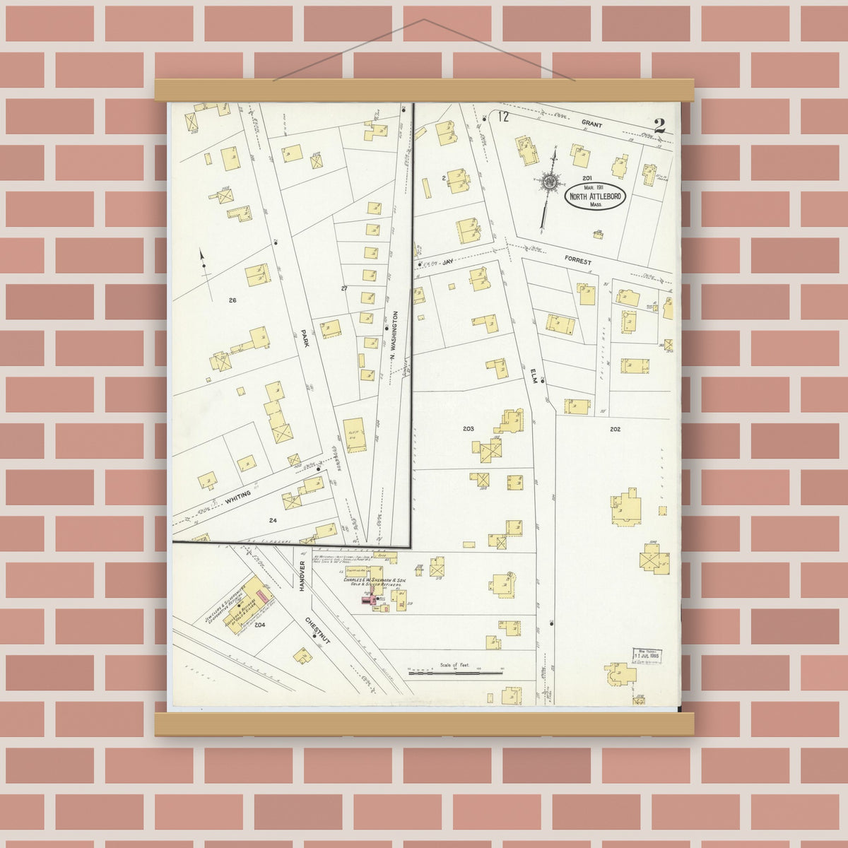 Old map wall art mockup — magnetic wood frame on brick wall — Sanborn Fire Insurance Map from North Attleborough, Bristol County, Massachusetts (1911), Sheet #0002