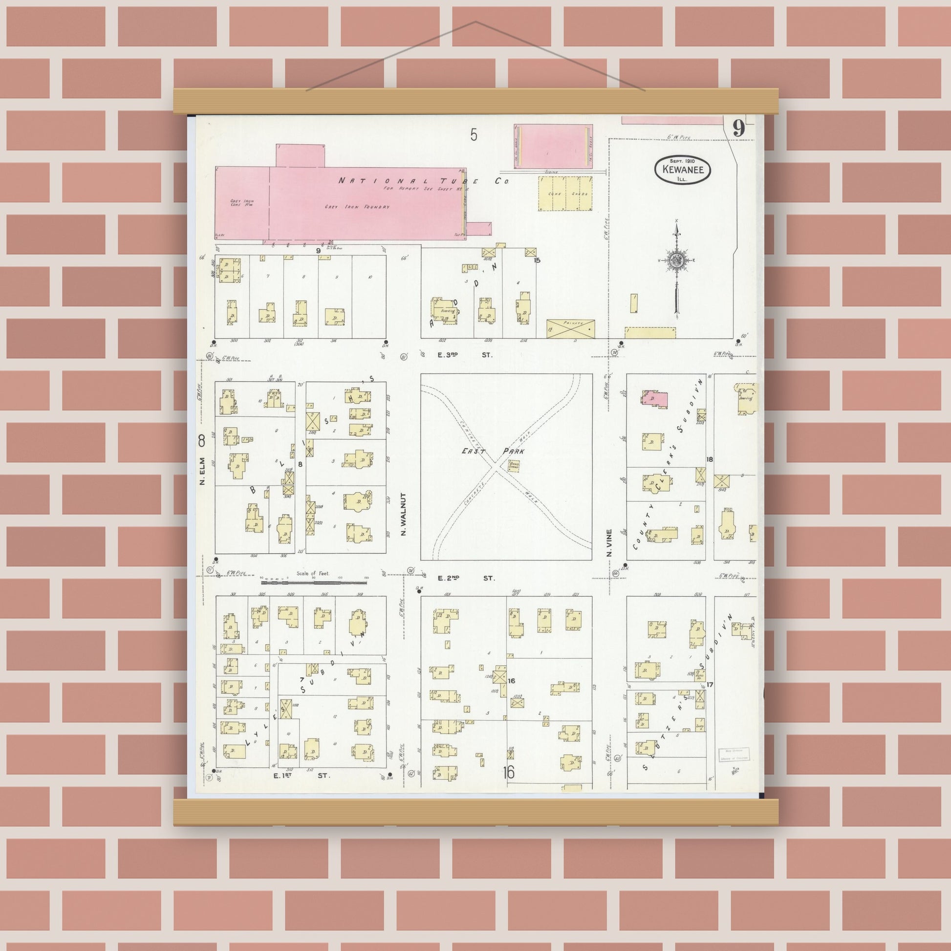 Old map wall art mockup — magnetic wood frame on brick wall — Sanborn Fire Insurance Map from Kewanee, Henry County, Illinois (1910), Sheet #0009