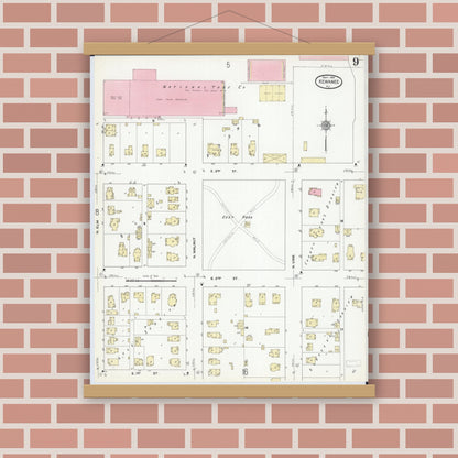 Old map wall art mockup — magnetic wood frame on brick wall — Sanborn Fire Insurance Map from Kewanee, Henry County, Illinois (1910), Sheet #0009