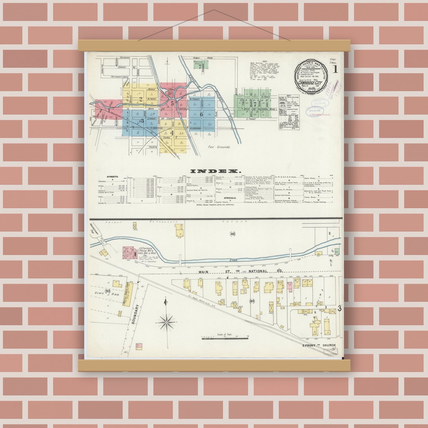 Old map wall art mockup — magnetic wood frame on brick wall — Sanborn Fire Insurance Map from Cambridge City, Wayne County, Indiana (1898) - Complete Map Set