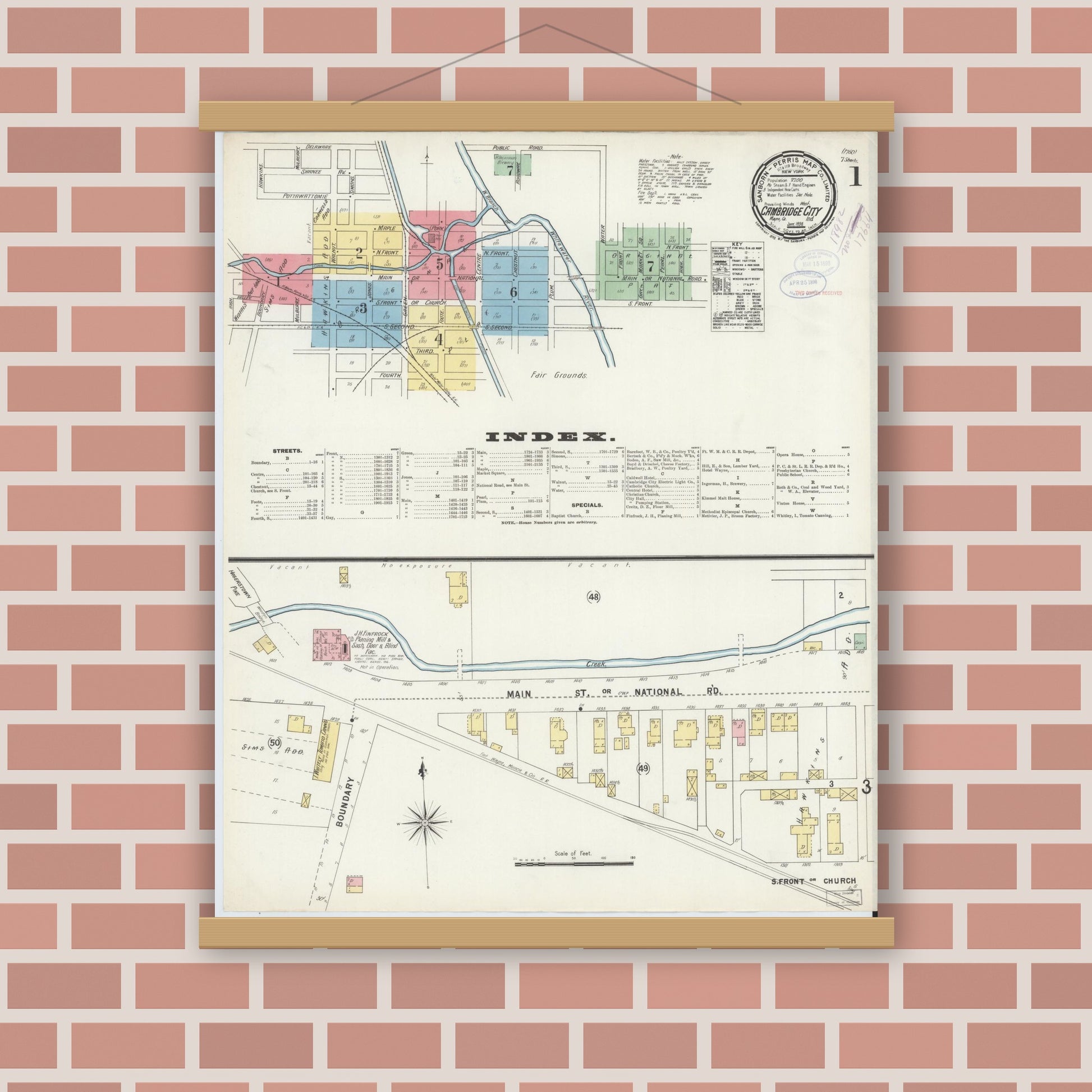 Old map wall art mockup — magnetic wood frame on brick wall — Sanborn Fire Insurance Map from Cambridge City, Wayne County, Indiana (1898) - Complete Map Set