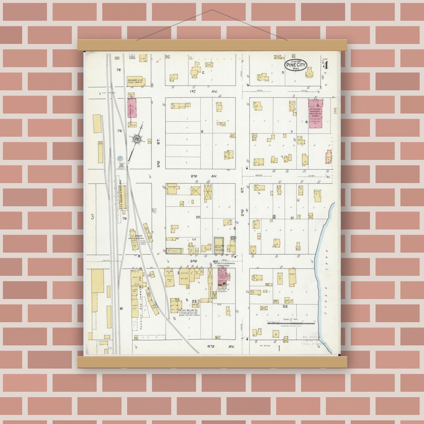 Old map wall art mockup — magnetic wood frame on brick wall — Sanborn Fire Insurance Map from Pine City, Pine County, Minnesota (1921), Sheet #0004