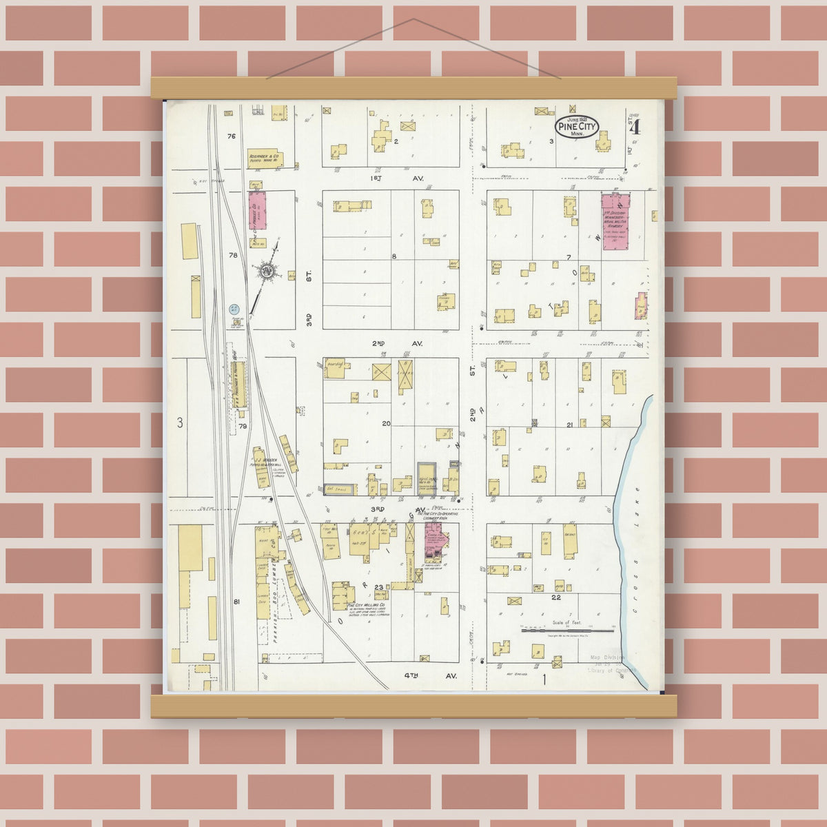 Old map wall art mockup — magnetic wood frame on brick wall — Sanborn Fire Insurance Map from Pine City, Pine County, Minnesota (1921), Sheet #0004
