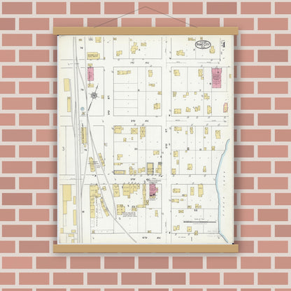 Old map wall art mockup — magnetic wood frame on brick wall — Sanborn Fire Insurance Map from Pine City, Pine County, Minnesota (1921), Sheet #0004