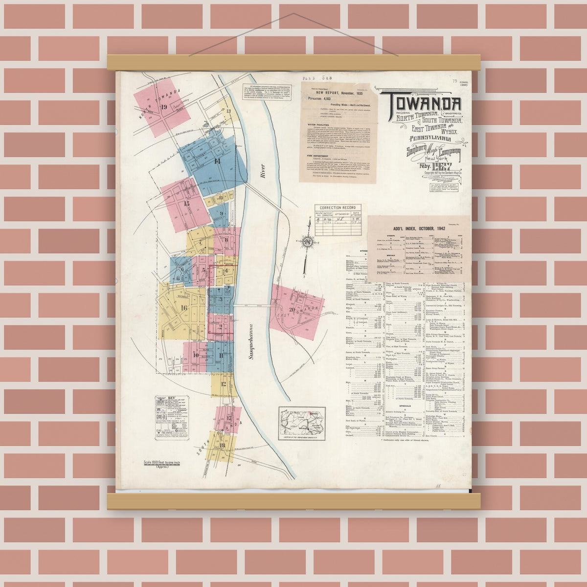 Old map wall art mockup — magnetic wood frame on brick wall — Sanborn Fire Insurance Map from Towanda, Bradford County, Pennsylvania (1949), Sheet #0001