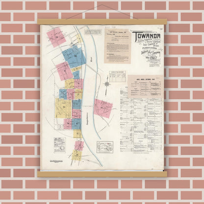 Old map wall art mockup — magnetic wood frame on brick wall — Sanborn Fire Insurance Map from Towanda, Bradford County, Pennsylvania (1949), Sheet #0001