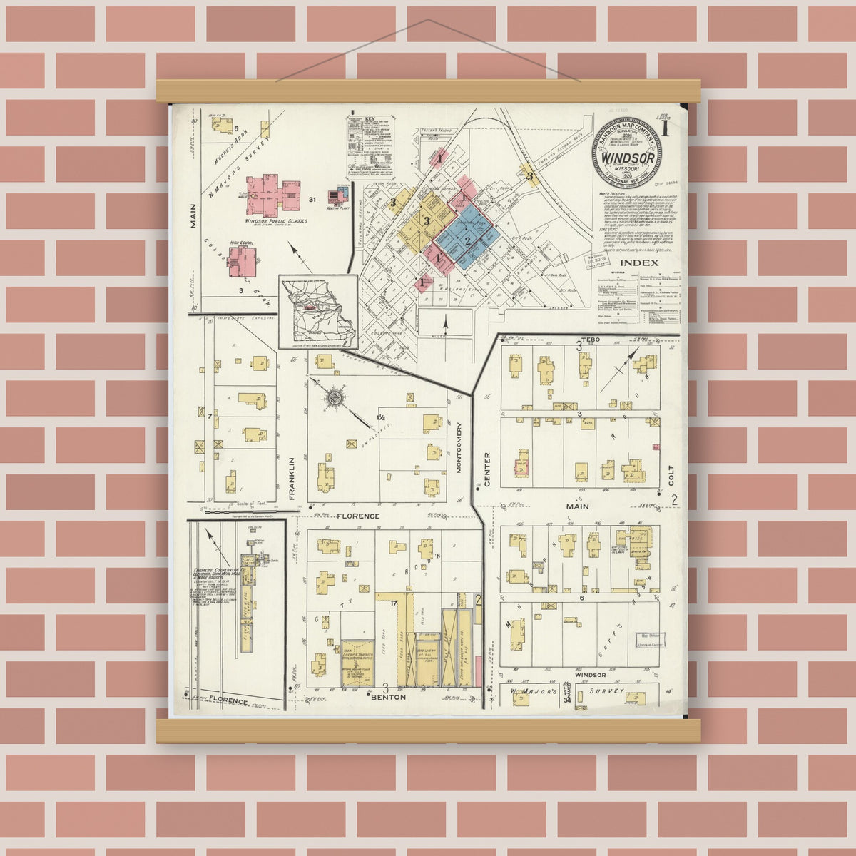 Old map wall art mockup — magnetic wood frame on brick wall — Sanborn Fire Insurance Map from Windsor, Henry County, Missouri (1920), Sheet #0001