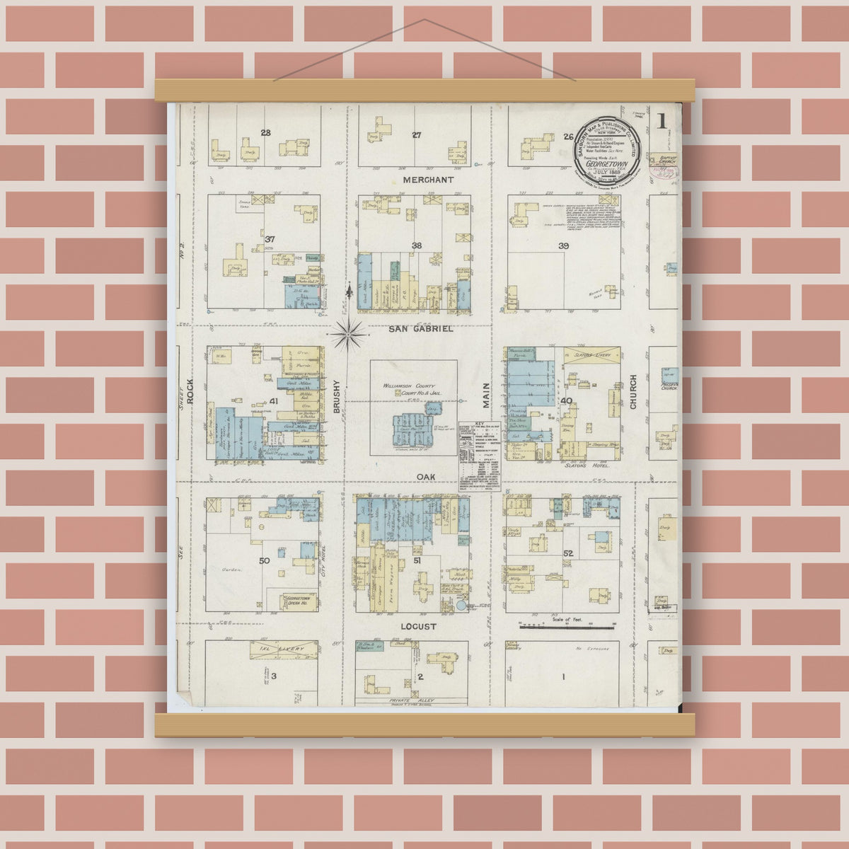 Old map wall art mockup — magnetic wood frame on brick wall — Sanborn Fire Insurance Map from Georgetown, Williamson County, Texas (1889), Sheet #0001