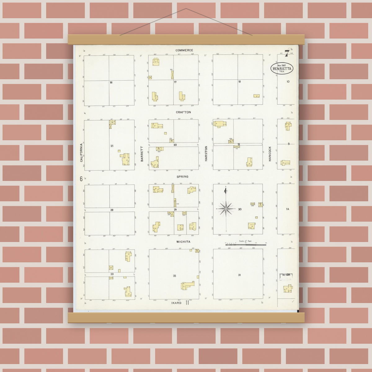 Old map wall art mockup — magnetic wood frame on brick wall — Sanborn Fire Insurance Map from Henrietta, Clay County, Texas (1907), Sheet #0007