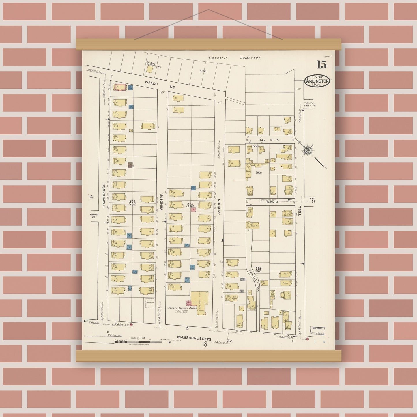 Old map wall art mockup — magnetic wood frame on brick wall — Sanborn Fire Insurance Map from Arlington, Middlesex County, Massachusetts (1922), Sheet #0015