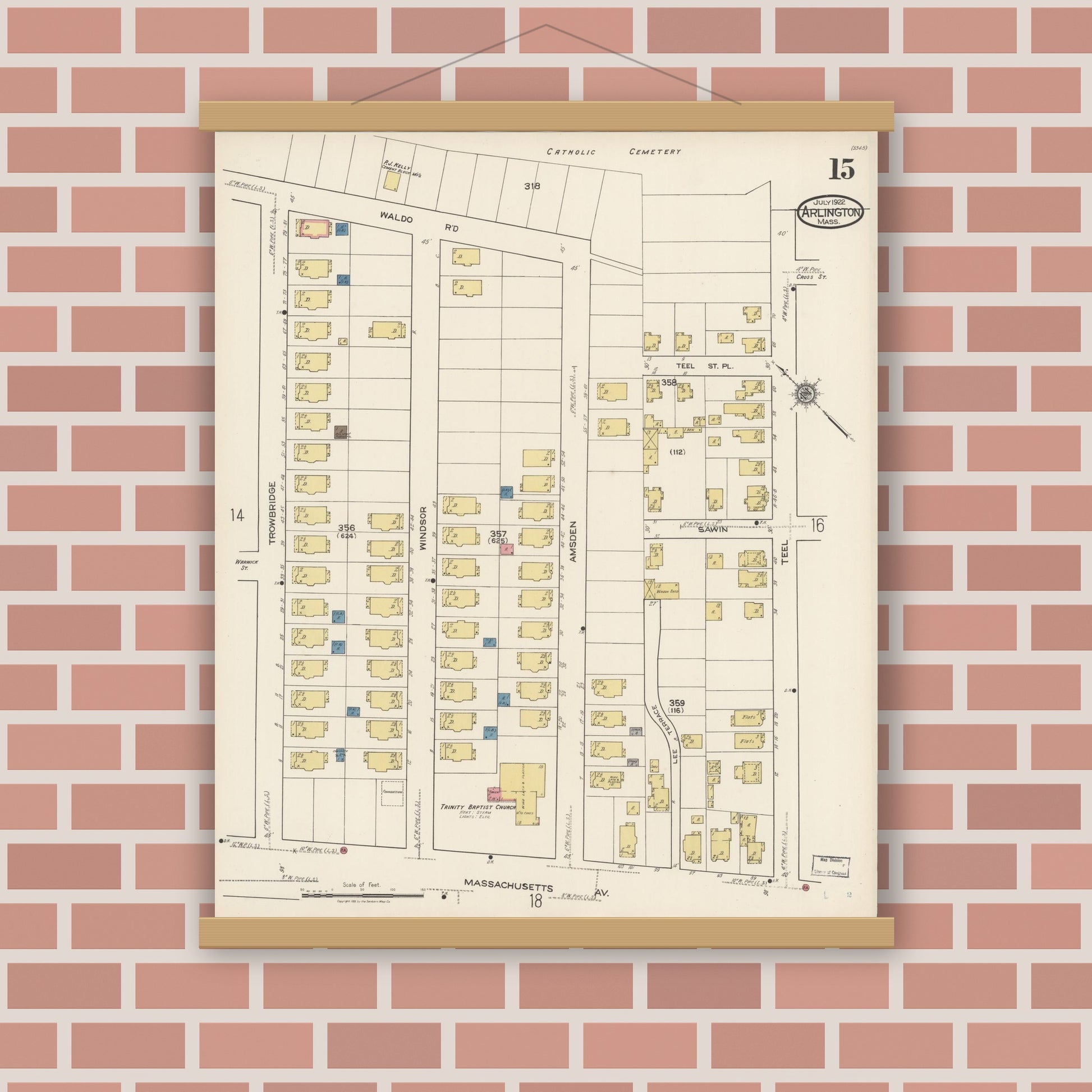Old map wall art mockup — magnetic wood frame on brick wall — Sanborn Fire Insurance Map from Arlington, Middlesex County, Massachusetts (1922), Sheet #0015