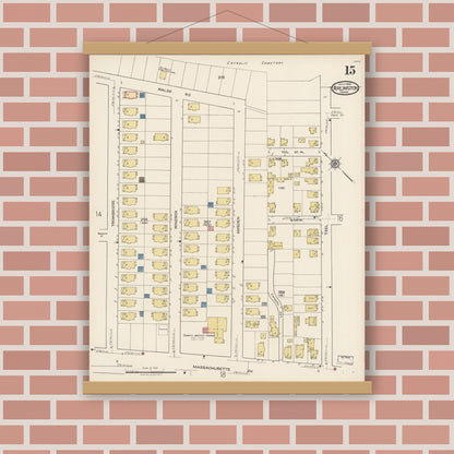 Old map wall art mockup — magnetic wood frame on brick wall — Sanborn Fire Insurance Map from Arlington, Middlesex County, Massachusetts (1922), Sheet #0015