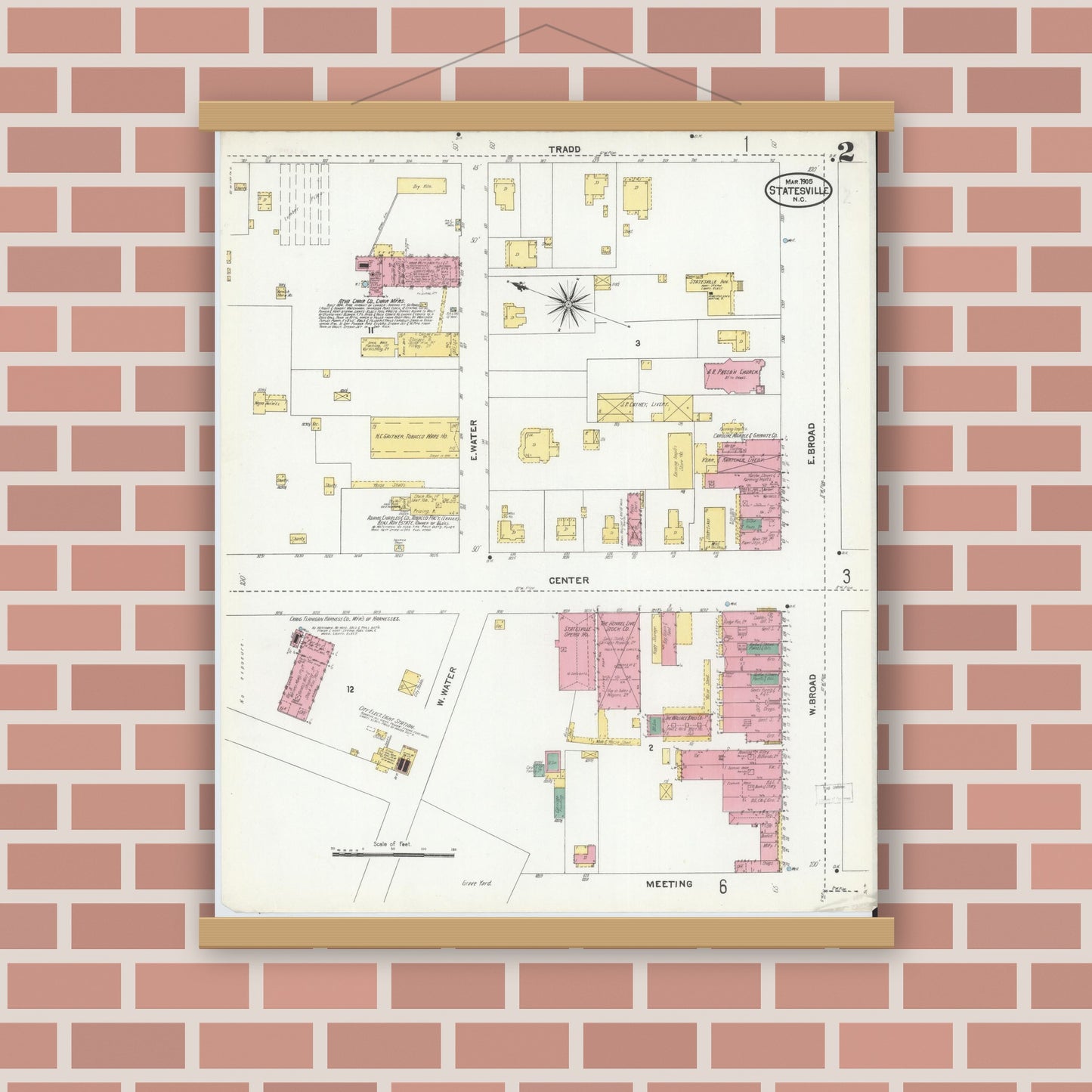 Old map wall art mockup — magnetic wood frame on brick wall — Sanborn Fire Insurance Map from Statesville, Iredell County, North Carolina (1905), Sheet #0002