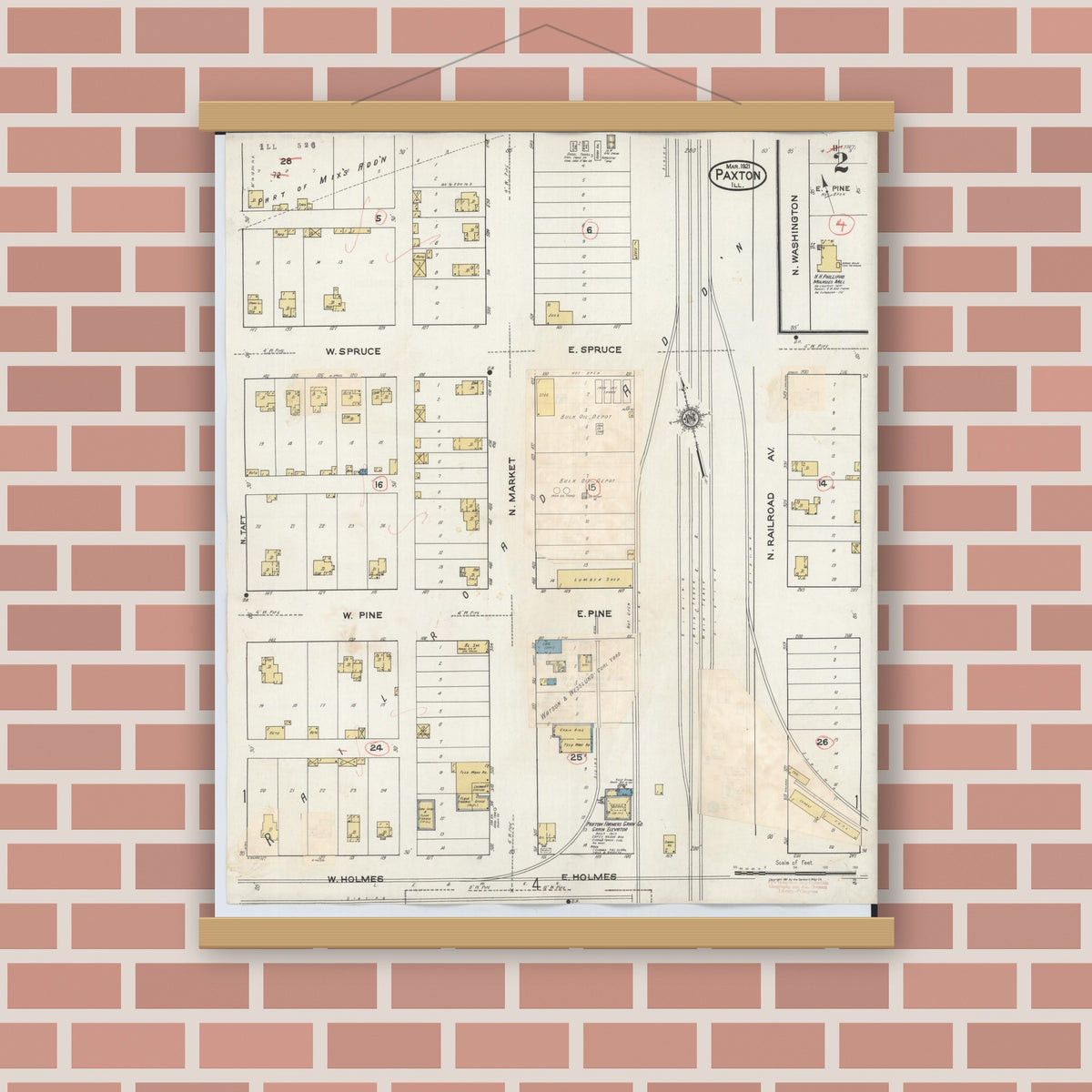 Old map wall art mockup — magnetic wood frame on brick wall — Sanborn Fire Insurance Map from Paxton, Ford County, Illinois (1932), Sheet #0002