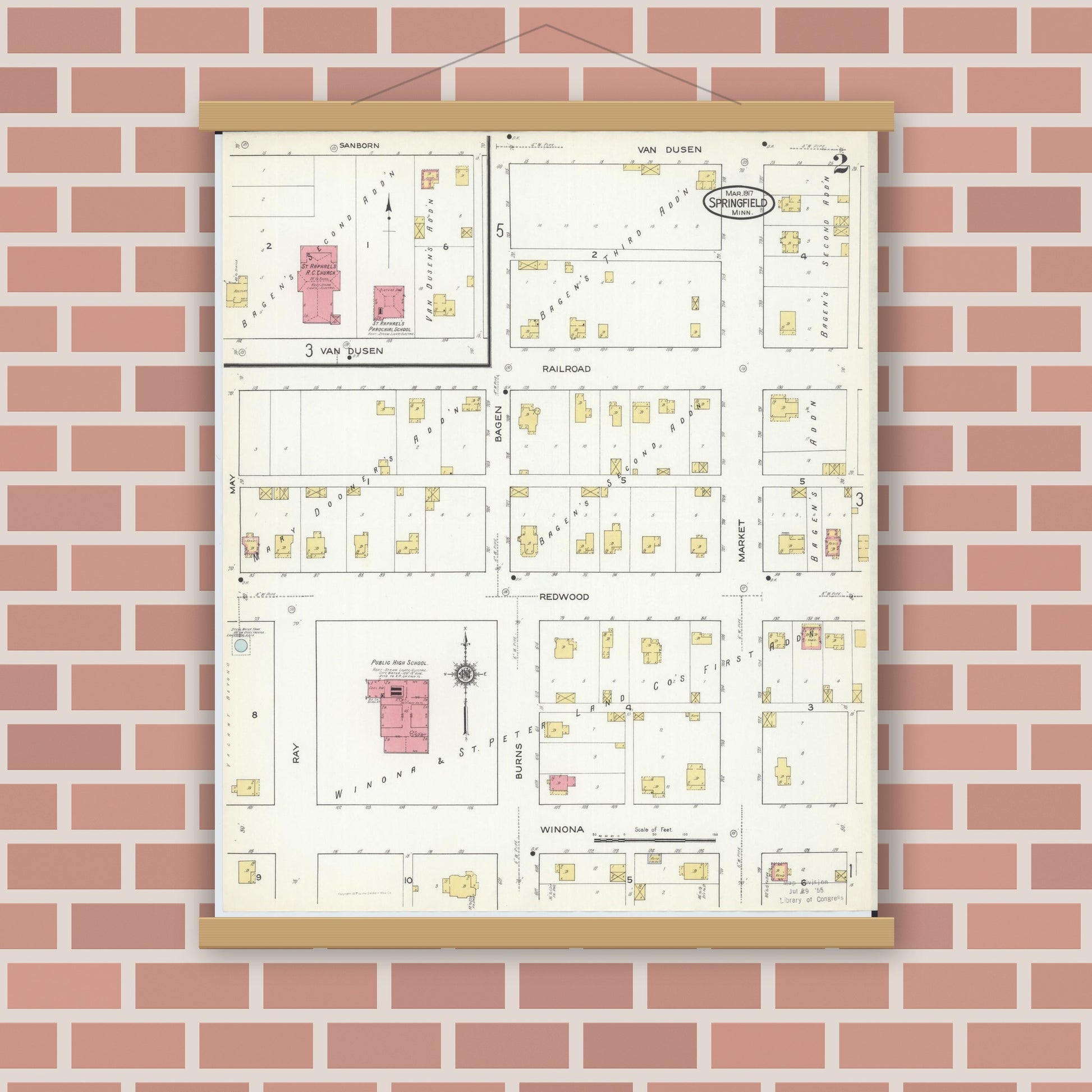 Old map wall art mockup — magnetic wood frame on brick wall — Sanborn Fire Insurance Map from Springfield, Brown County, Minnesota (1917), Sheet #0002