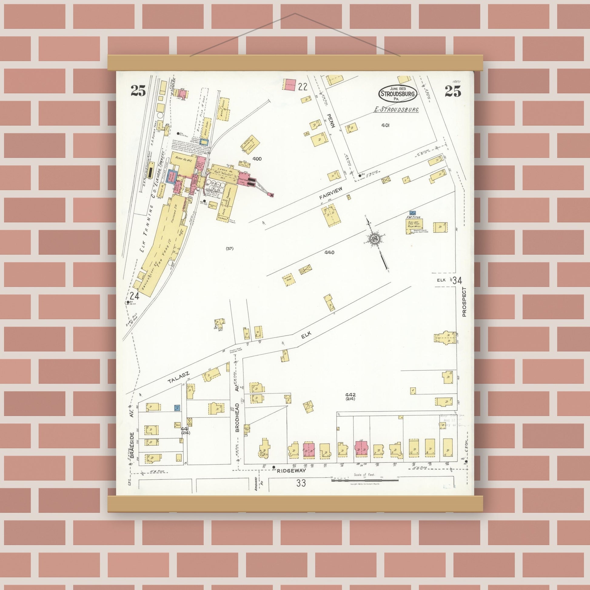 Old map wall art mockup — magnetic wood frame on brick wall — Sanborn Fire Insurance Map from Stroudsburg, Monroe County, Pennsylvania (1923), Sheet #0025