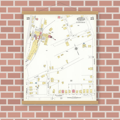 Old map wall art mockup — magnetic wood frame on brick wall — Sanborn Fire Insurance Map from Stroudsburg, Monroe County, Pennsylvania (1923), Sheet #0025