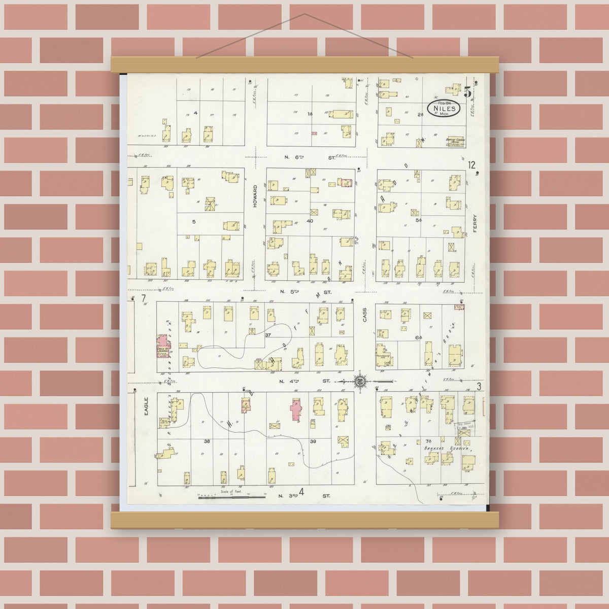 Old map wall art mockup — magnetic wood frame on brick wall — Sanborn Fire Insurance Map from Niles, Berrien County, Michigan (1914), Sheet #0005