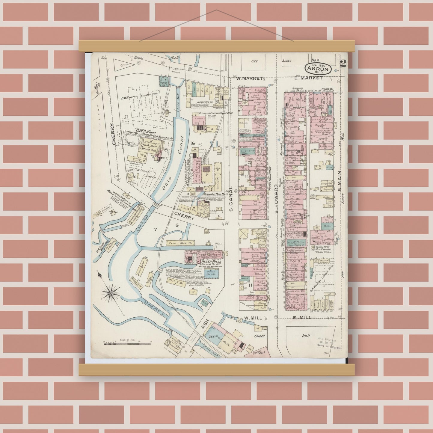 Old map wall art mockup — magnetic wood frame on brick wall — Sanborn Fire Insurance Map from Akron, Summit County, Ohio (1886), Sheet #0002