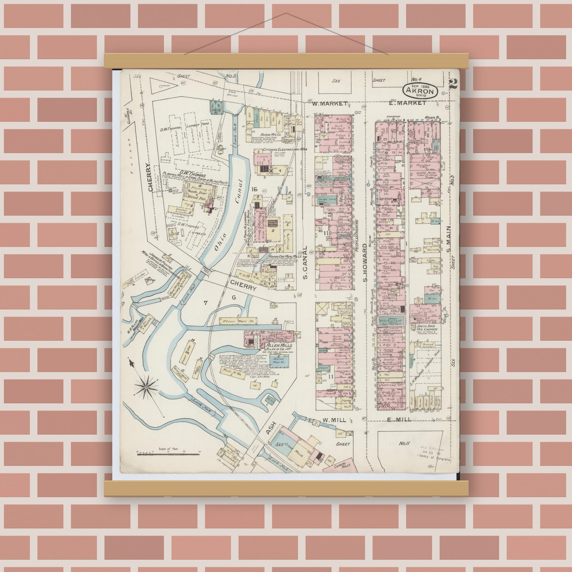 Old map wall art mockup — magnetic wood frame on brick wall — Sanborn Fire Insurance Map from Akron, Summit County, Ohio (1886), Sheet #0002