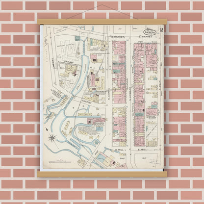 Old map wall art mockup — magnetic wood frame on brick wall — Sanborn Fire Insurance Map from Akron, Summit County, Ohio (1886), Sheet #0002