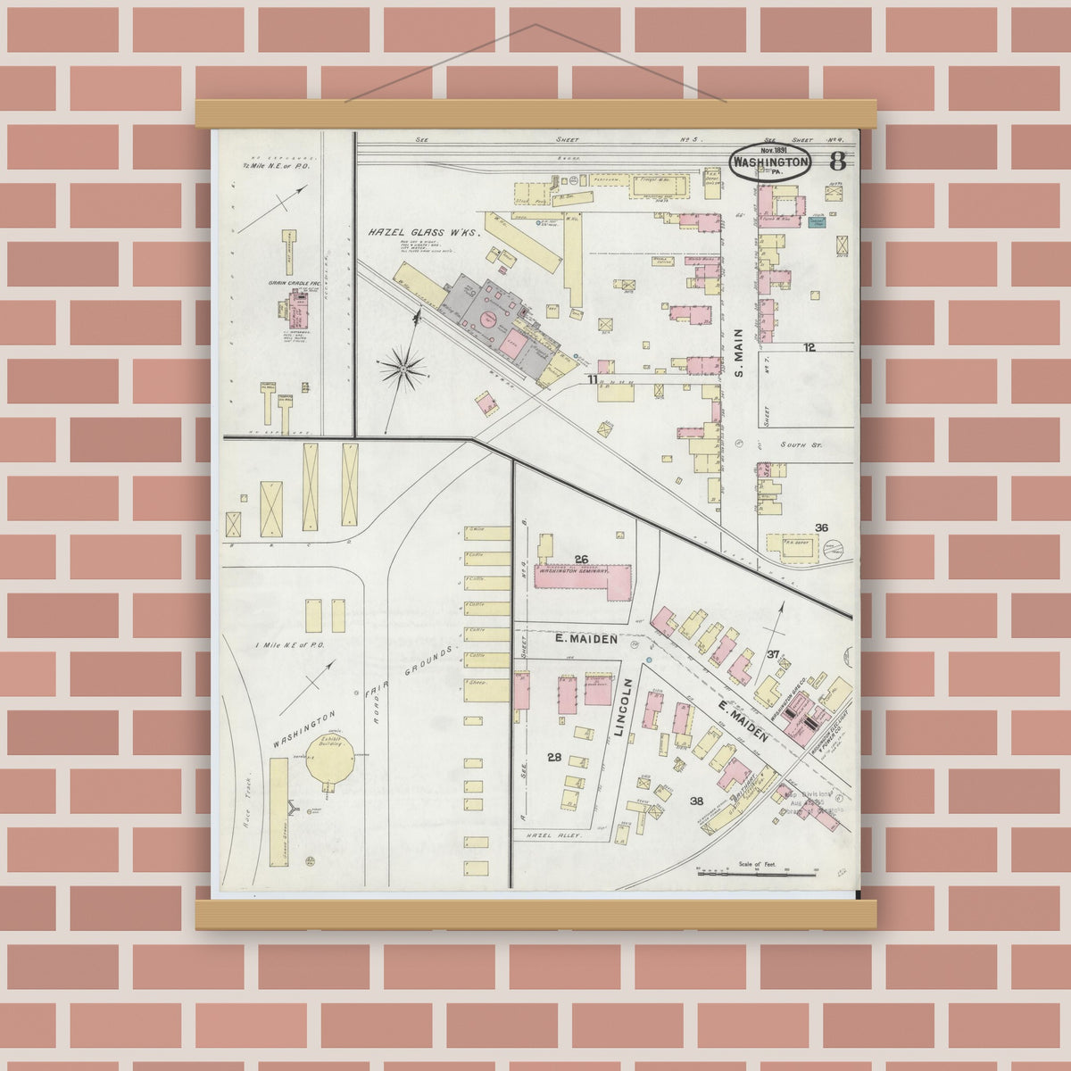 Old map wall art mockup — magnetic wood frame on brick wall — Sanborn Fire Insurance Map from Washington, Washington County, Pennsylvania (1891), Sheet #0008