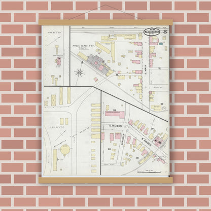 Old map wall art mockup — magnetic wood frame on brick wall — Sanborn Fire Insurance Map from Washington, Washington County, Pennsylvania (1891), Sheet #0008