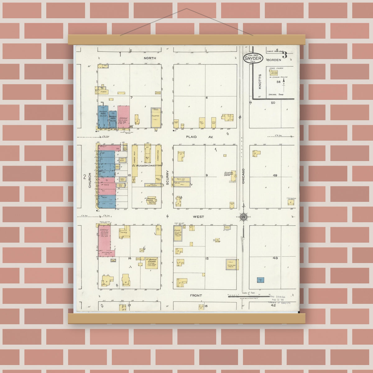 Old map wall art mockup — magnetic wood frame on brick wall — Sanborn Fire Insurance Map from Snyder, Scurry County, Texas (1920), Sheet #0003