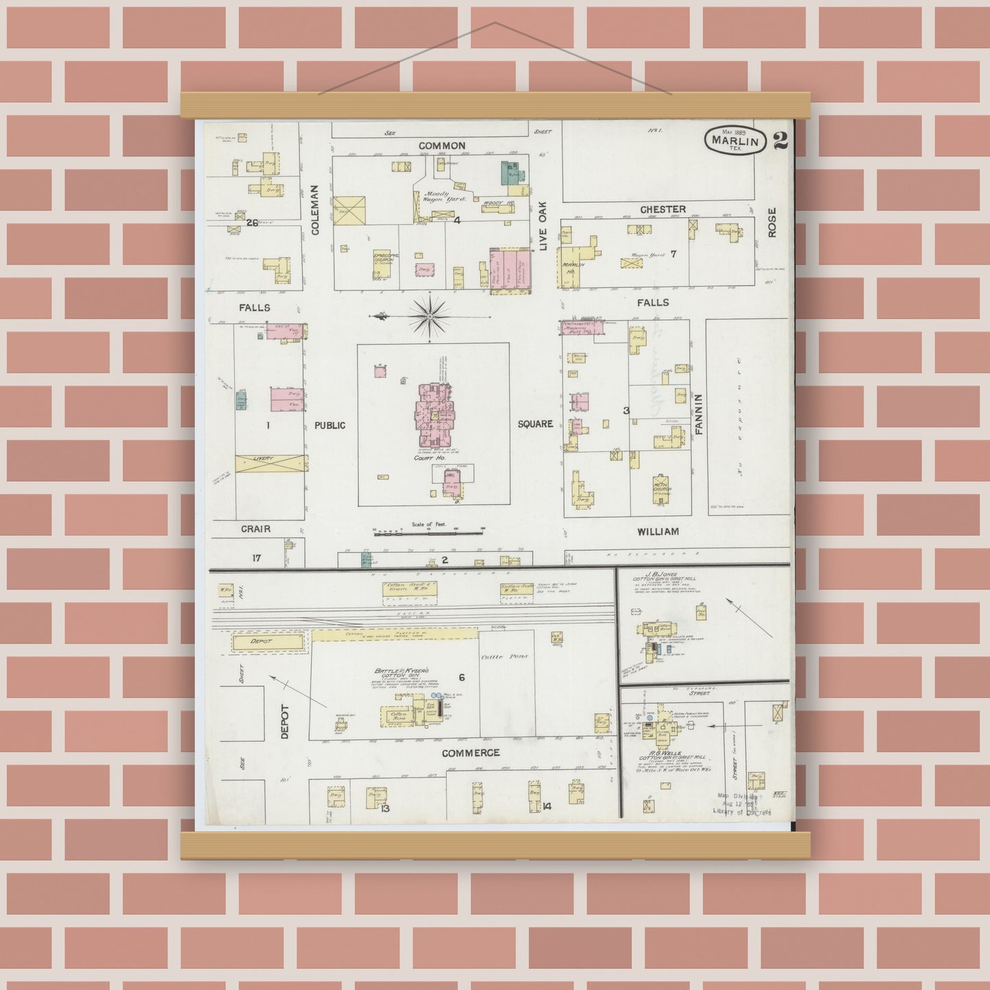 Old map wall art mockup — magnetic wood frame on brick wall — Sanborn Fire Insurance Map from Marlin, Falls County, Texas (1889), Sheet #0002
